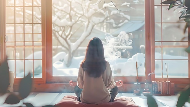 Woman meditating by the window with a snowy landscape view