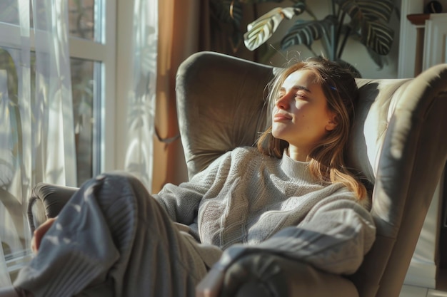 Photo woman meditating in a chair