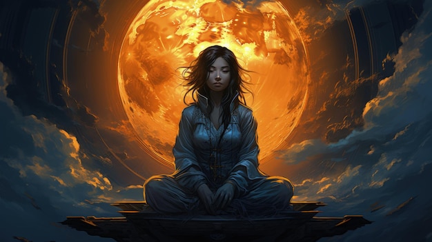 a Woman Meditating In The Clouds With The Moon Behind Her Generative AI