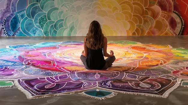 Photo a woman meditating on a colorful mandala in a studio