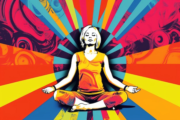 A woman meditating in a colorful poster that says'yoga'on it