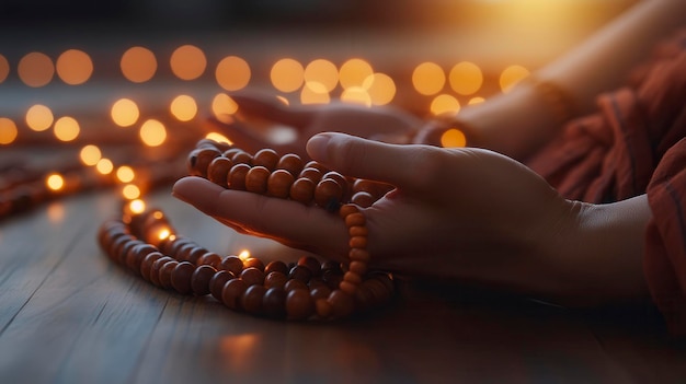 Photo woman meditating and counting mantra on prayer beads at home