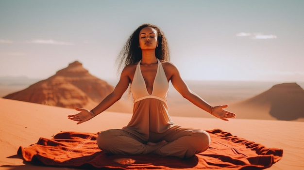 A woman meditating in the desert