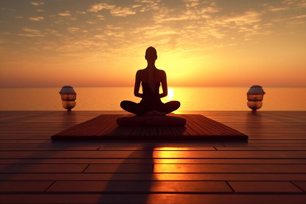 A woman meditating on a dock with the sun setting behind her.