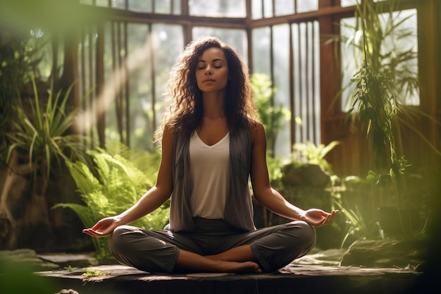 Woman Meditating in Forest Generative AI