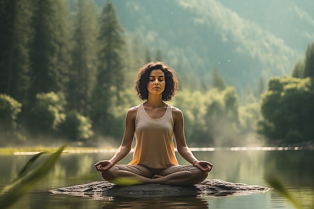 Woman Meditating in Forest Generative AI