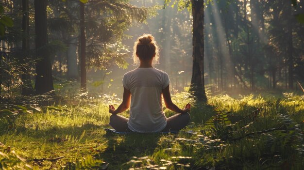 a woman meditating in the forest with the sun shining through the trees