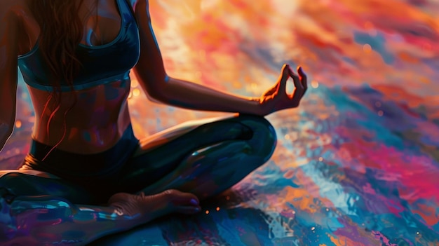 a woman meditating in front of a colorful painting