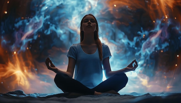 a woman meditating in front of a fire in the sky