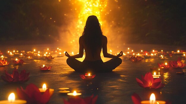 a woman meditating in front of a fire with the words quot god quot on the bottom