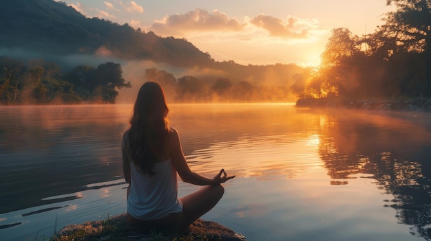 a woman meditating in front of a lake at sunset