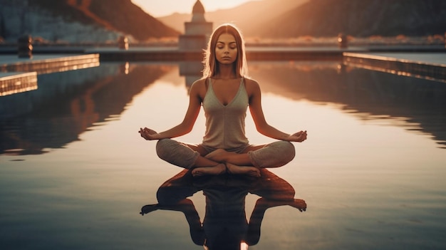 A woman meditating in front of a lake with a mountain in the background