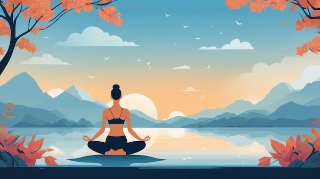 a woman meditating in front of a lake with mountains in the background