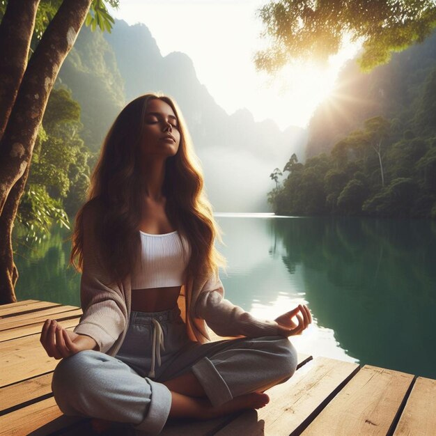 a woman meditating in front of a lake with the sun behind her