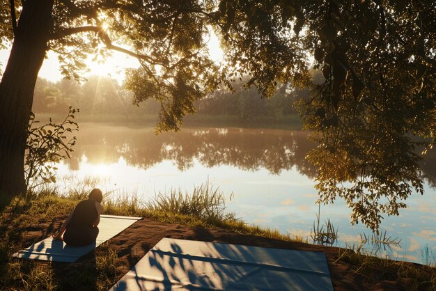 Photo a woman meditating in front of a lake with the yoga