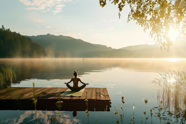 Photo a woman meditating in front of a lake with the yoga