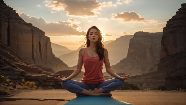 a woman meditating in front of a mountain with mountains in the background