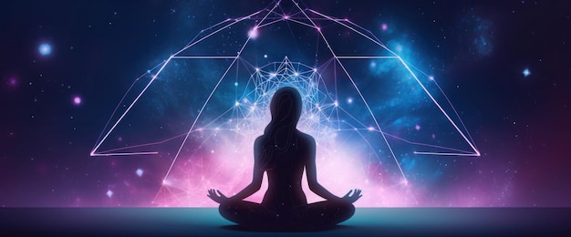 A woman meditating in front of a pink and blue galaxy background