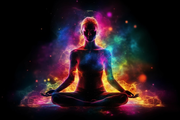 A woman meditating in front of a rainbow of colors.