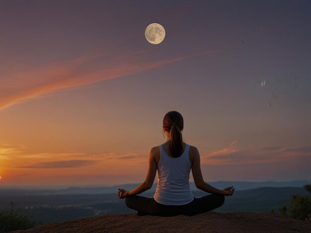 A woman meditating in front of a sunset and the moon