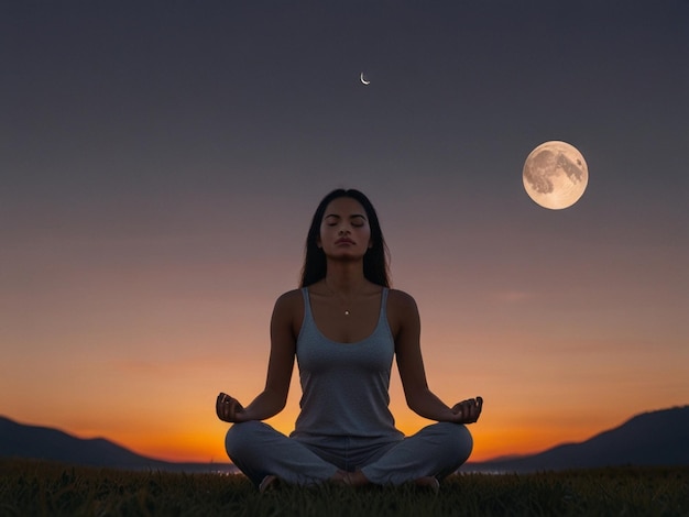 A woman meditating in front of a sunset and the moon