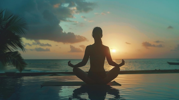 a woman meditating in front of a sunset with the sun behind her