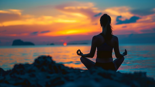 a woman meditating in front of a sunset