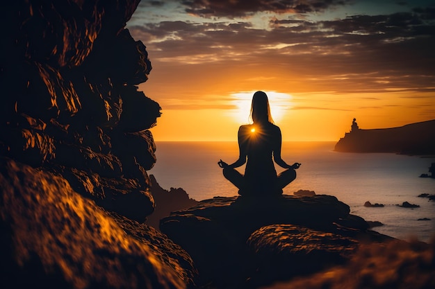 A woman meditating in front of a sunset