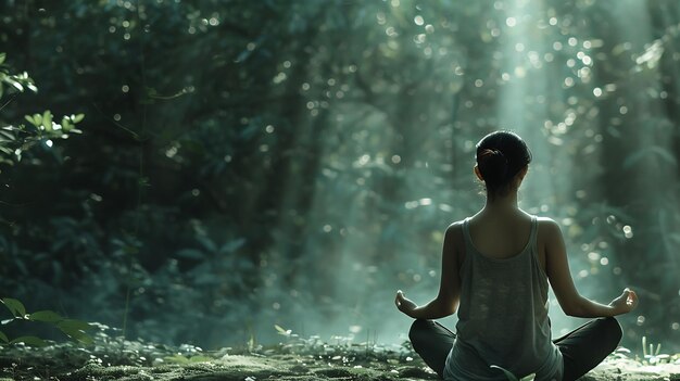 a woman meditating in front of a waterfall