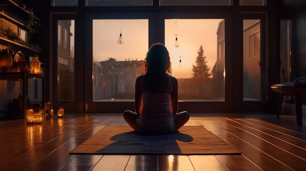 A woman meditating in front of a window with the sun setting behind her.