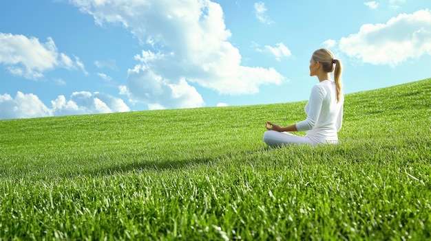 Woman Meditating in Grassy Field with Blue Sky