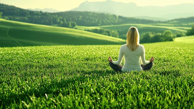 Photo woman meditating in green field with mountain view