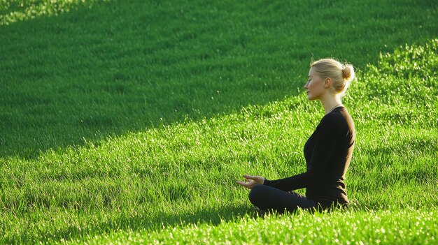 Photo woman meditating in green grass field mindfulness relaxation peace nature