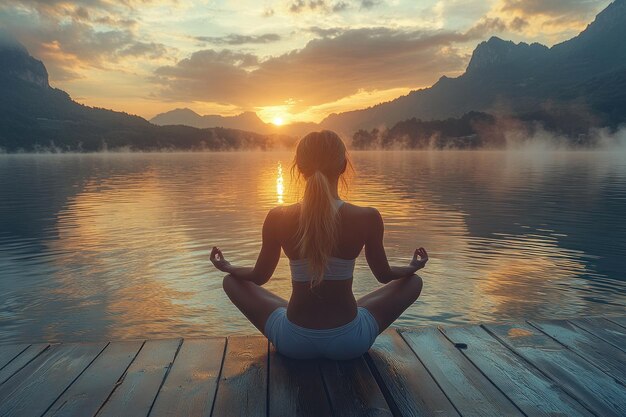 Woman Meditating on a Lake at Sunrise