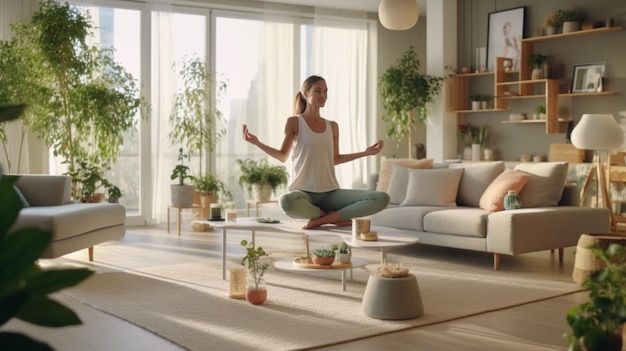 A woman meditating in a living room with a coffee table and a couch.