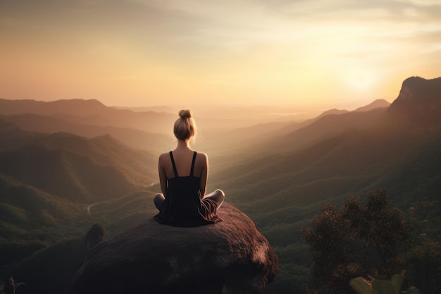 Woman Meditating in Lotus Pose on Cliff with Scenic View