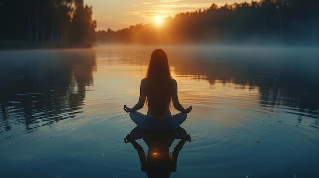 a woman meditating in lotus position on a lake at sunset