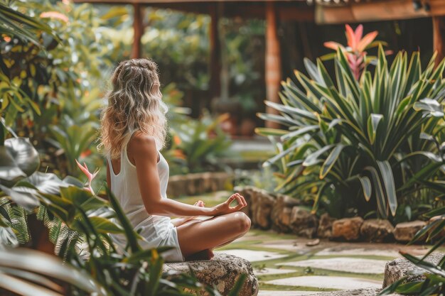 Woman meditating in a lush garden setting