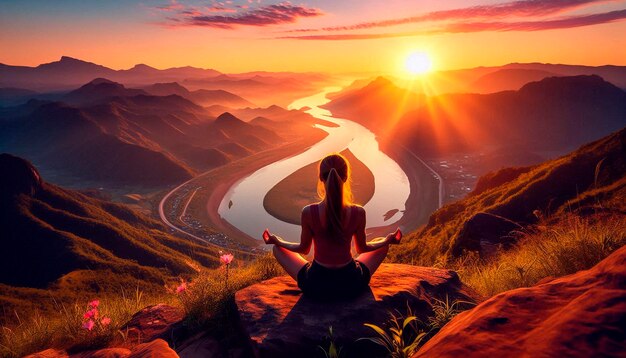 Photo a woman meditating on a mountain top with a sunset in the background