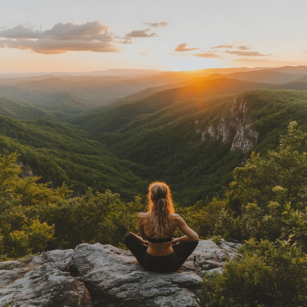 Photo woman meditating on mountain top with sunset view