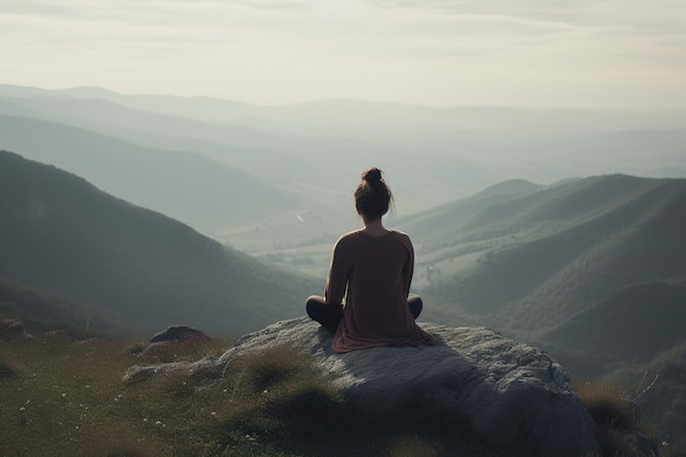 A woman meditating on a mountain top with a view of the mountains in the background