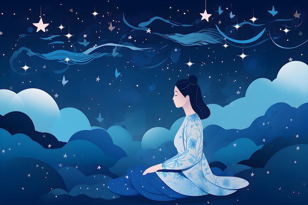 A woman meditating in the night sky