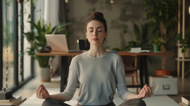 Photo woman meditating in office