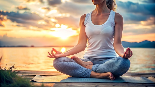 Woman Meditating Outdoors by Lake Sunset