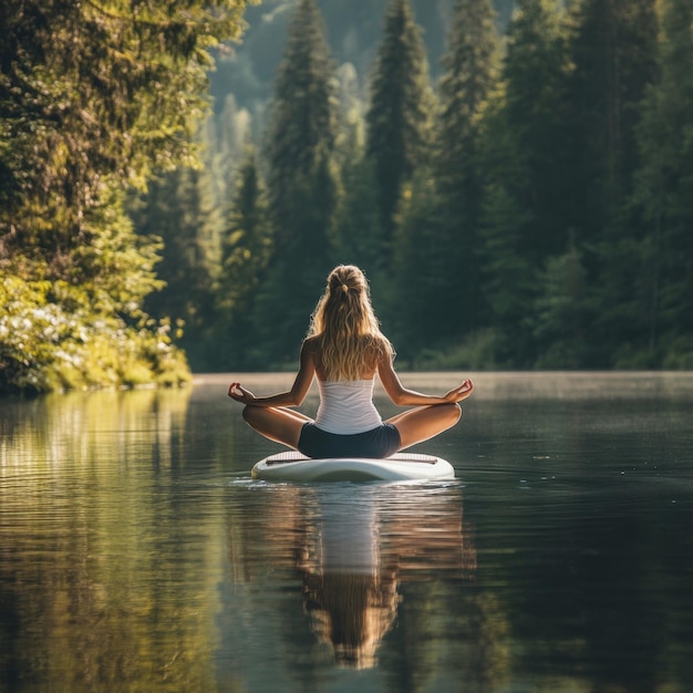 Photo woman meditating on paddleboard in tranquil forest lake