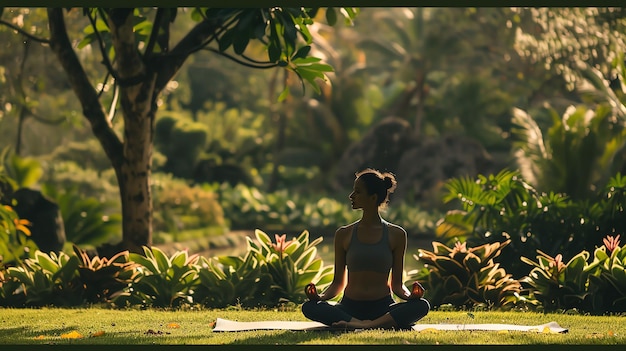 Woman meditating in a peaceful green garden