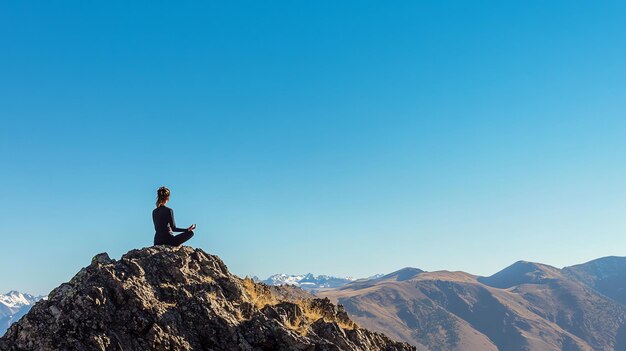 Photo woman meditating in a peaceful mountain landscape