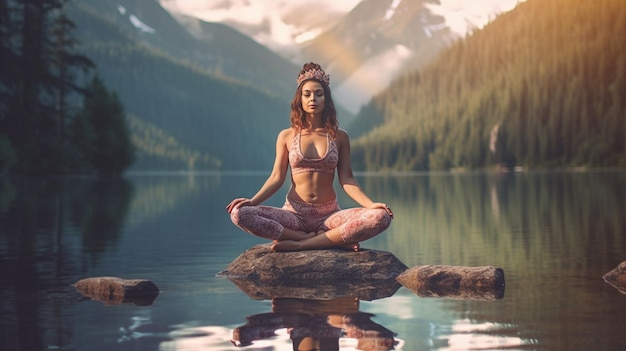 A woman meditating on a rock in front of a mountain lake