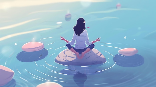 Woman meditating on a rock in the middle of a lake