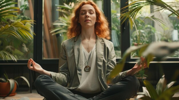 Woman meditating in a serene indoor garden embodying peace and mindfulness